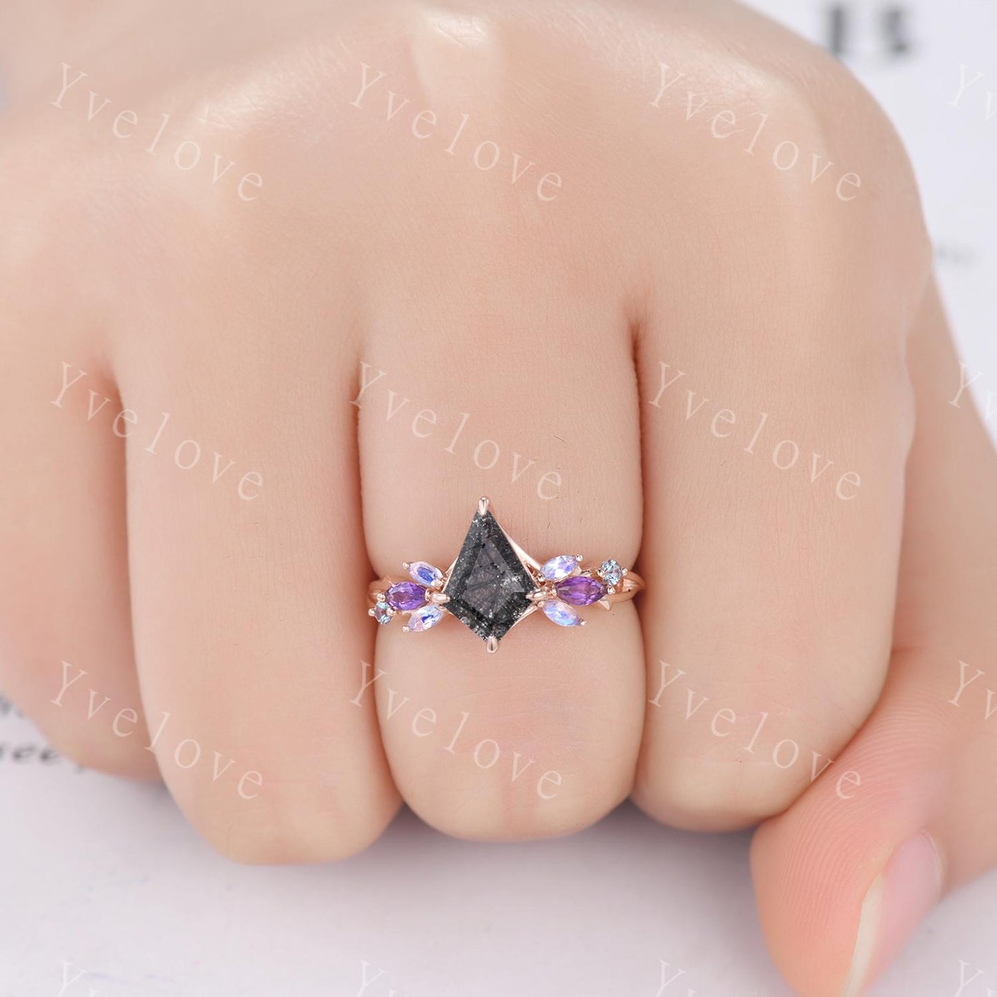 Vintage Kite Black Rutilated Quartz Engagement Ring,Rose Gold Ring,Vines Moonstone Amethyst Ring,Women Bridal Set,Unique Promise Ring Gift