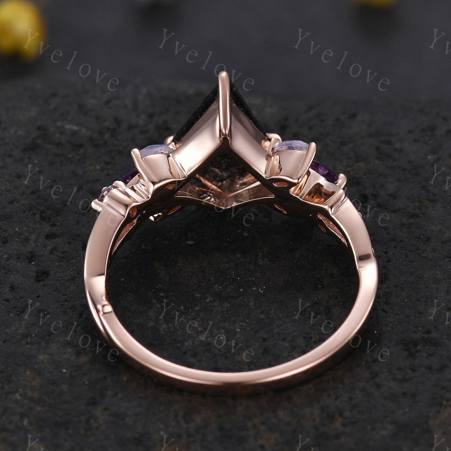 Vintage Kite Black Rutilated Quartz Engagement Ring,14k Rose Gold Ring,Vines Moonstone Amethyst Ring,Women Twig Unique Promise Ring Gift