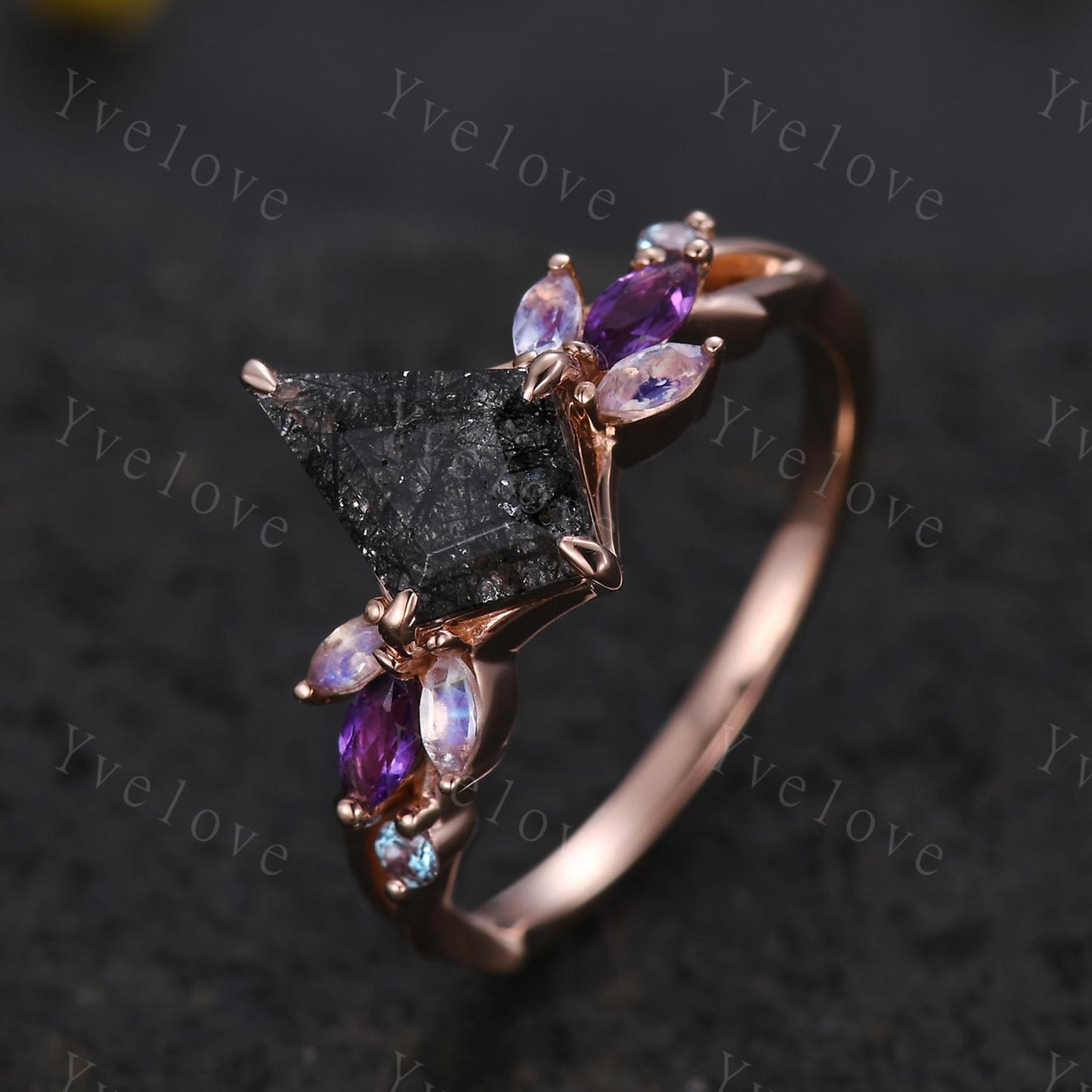Vintage Kite Black Rutilated Quartz Engagement Ring,14k Rose Gold Ring,Vines Moonstone Amethyst Ring,Women Twig Unique Promise Ring Gift