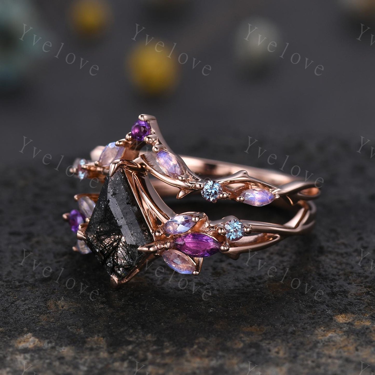 Vintage Kite Black Rutilated Quartz Engagement Ring,14k Rose Gold Ring,Vines Moonstone Amethyst Ring,Women Twig Unique Promise Ring Gift