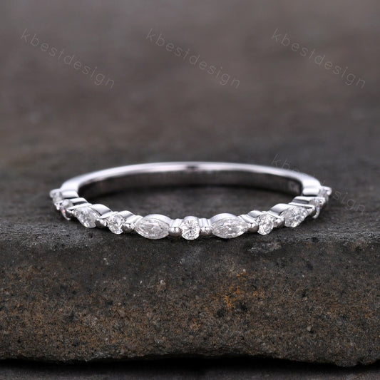 Dainty Moissanite wedding band set women marquise cut half eternity band silver wedding band Unique Stacking Matching anniversary ring gift