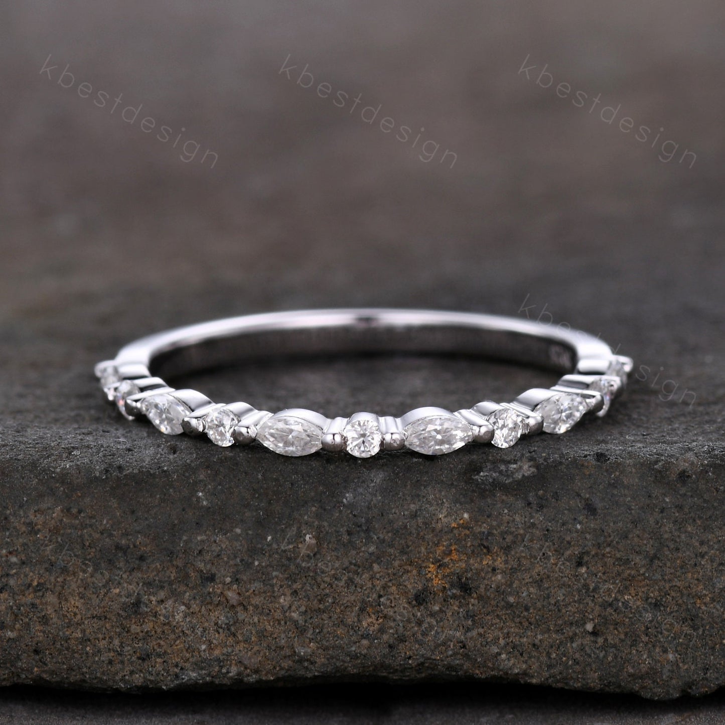 Dainty Moissanite wedding band set women marquise cut half eternity band silver wedding band Unique Stacking Matching anniversary ring gift