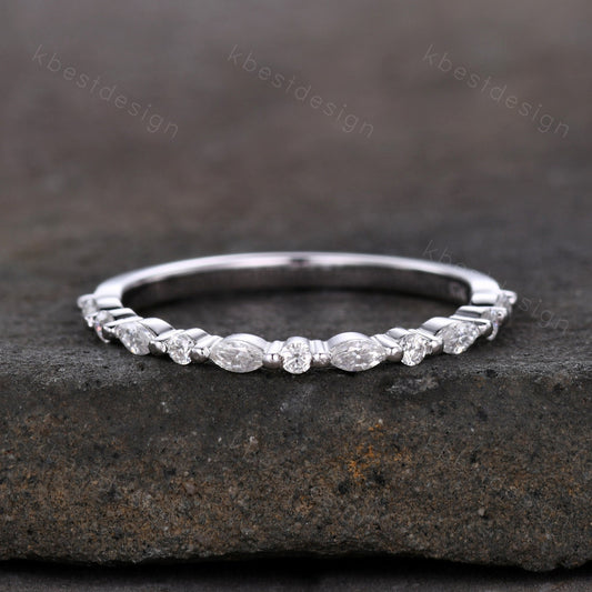 Dainty Moissanite wedding band set women marquise cut half eternity band silver wedding band Unique Stacking Matching anniversary ring gift