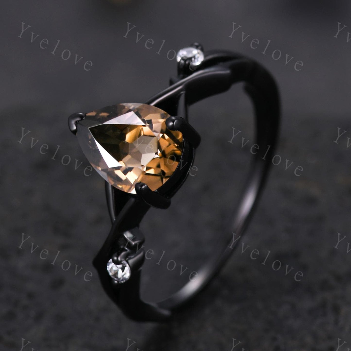 Unique Twig Teardrop Smoky Quartz Engagement Ring Set,Vintage Vine Diamond Ring,Black Gold Branch Ring,Art Deco Her Promise Ring Bridal Set