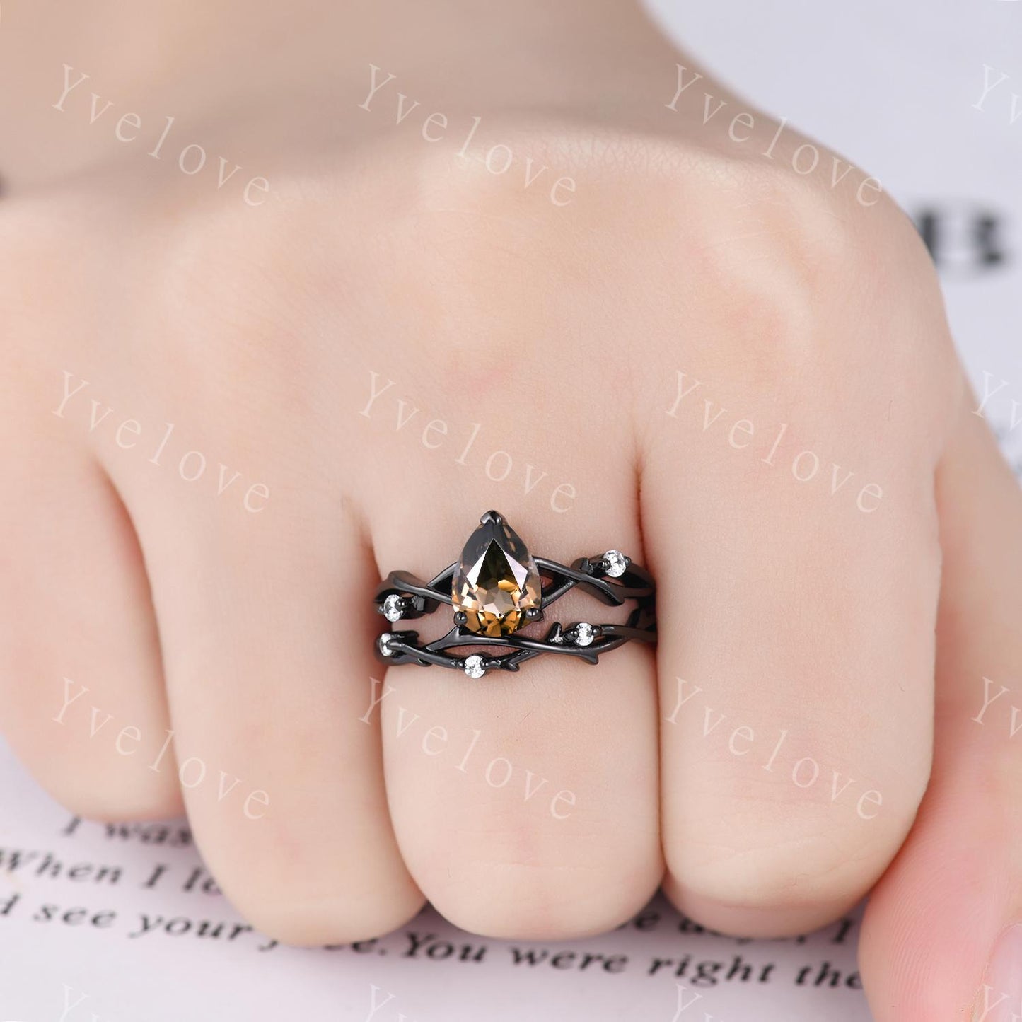 Unique Twig Teardrop Smoky Quartz Engagement Ring Set,Vintage Vine Diamond Ring,Black Gold Branch Ring,Art Deco Her Promise Ring Bridal Set