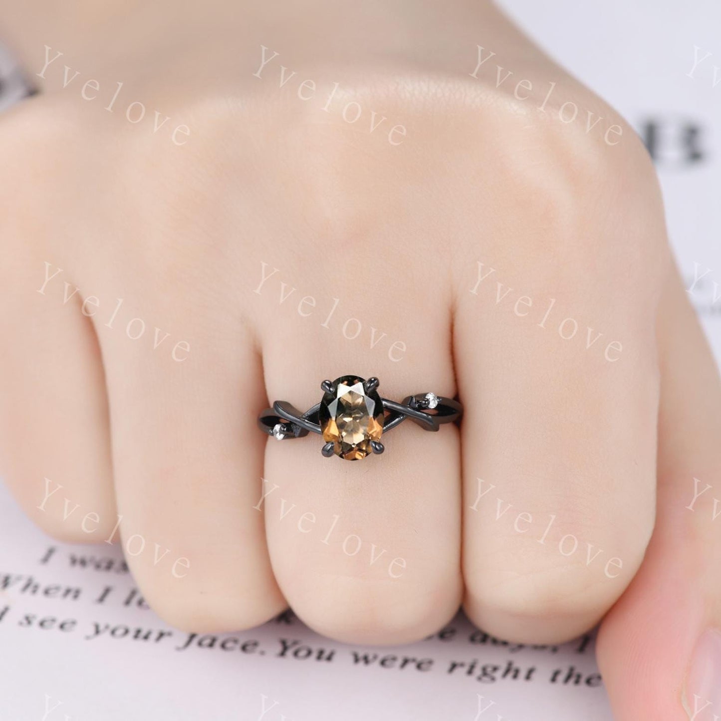 Unique Twig Oval Smoky Quartz Engagement Ring,Vintage Vine Diamond Ring,Black Gold Branch Ring,Art Deco Women Promise Anniversary Ring Gift