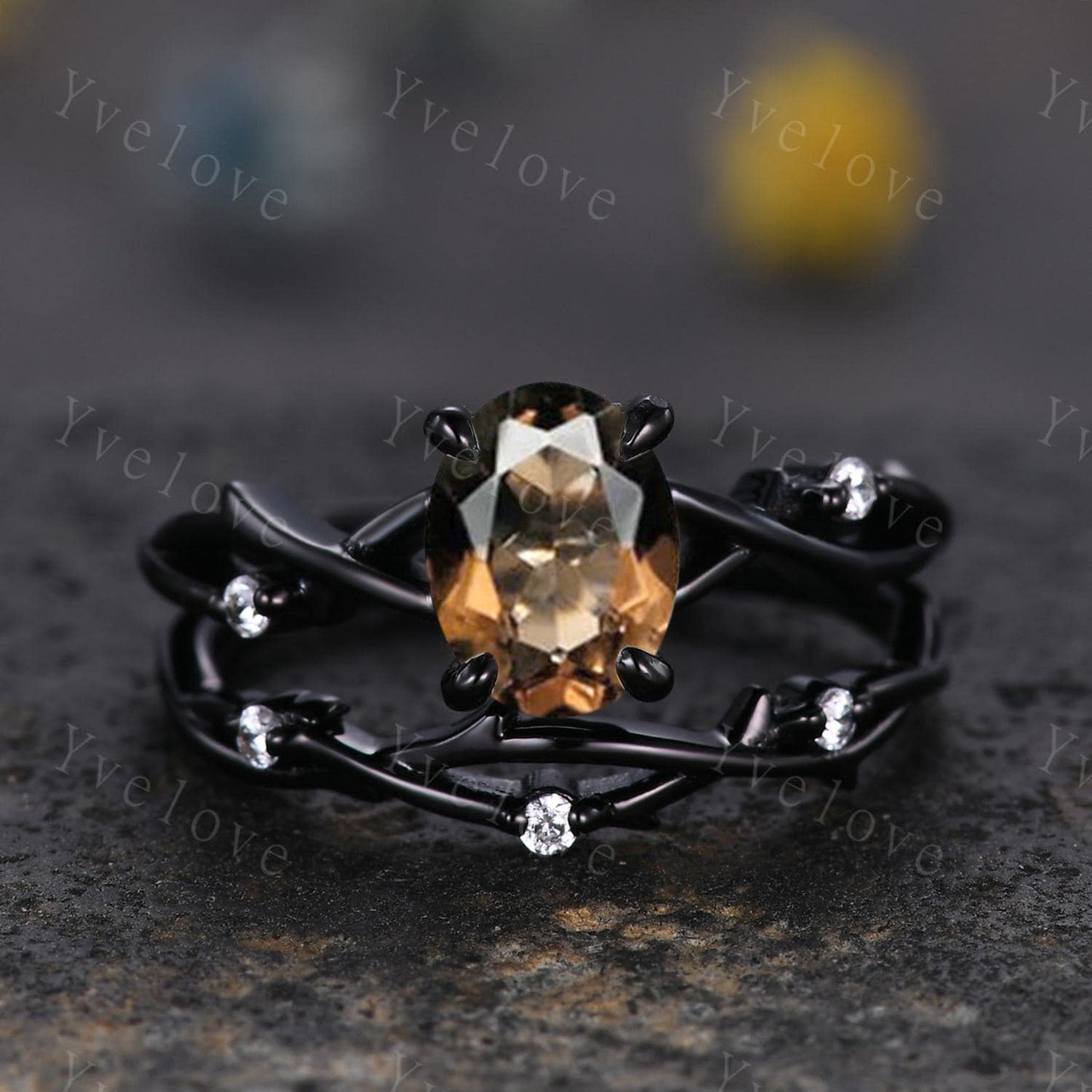Unique Twig Oval Smoky Quartz Engagement Ring,Vintage Vine Diamond Ring,Black Gold Branch Ring,Art Deco Women Promise Anniversary Ring Gift
