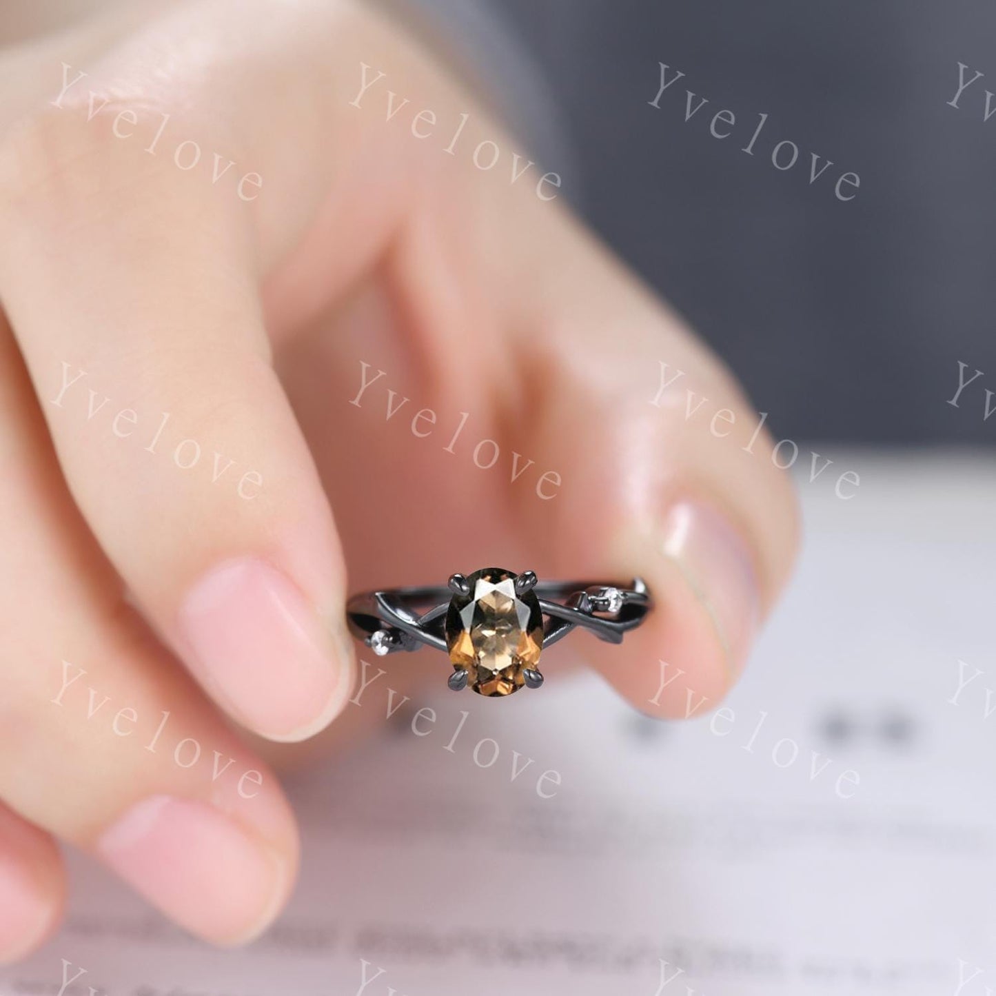 Unique Twig Oval Smoky Quartz Engagement Ring,Vintage Vine Diamond Ring,Black Gold Branch Ring,Art Deco Women Promise Anniversary Ring Gift