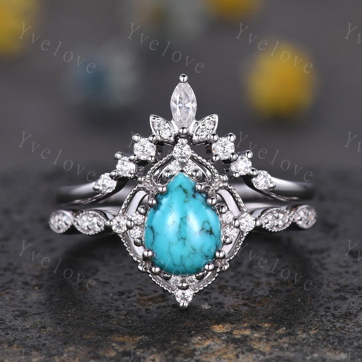 Vintage Turquoise Engagement Ring Set,6x8mm Pear Turquoise Bridal Set,V Curved Moissanite Stacking Band,Silver Ring,Women Rings Gift For Her