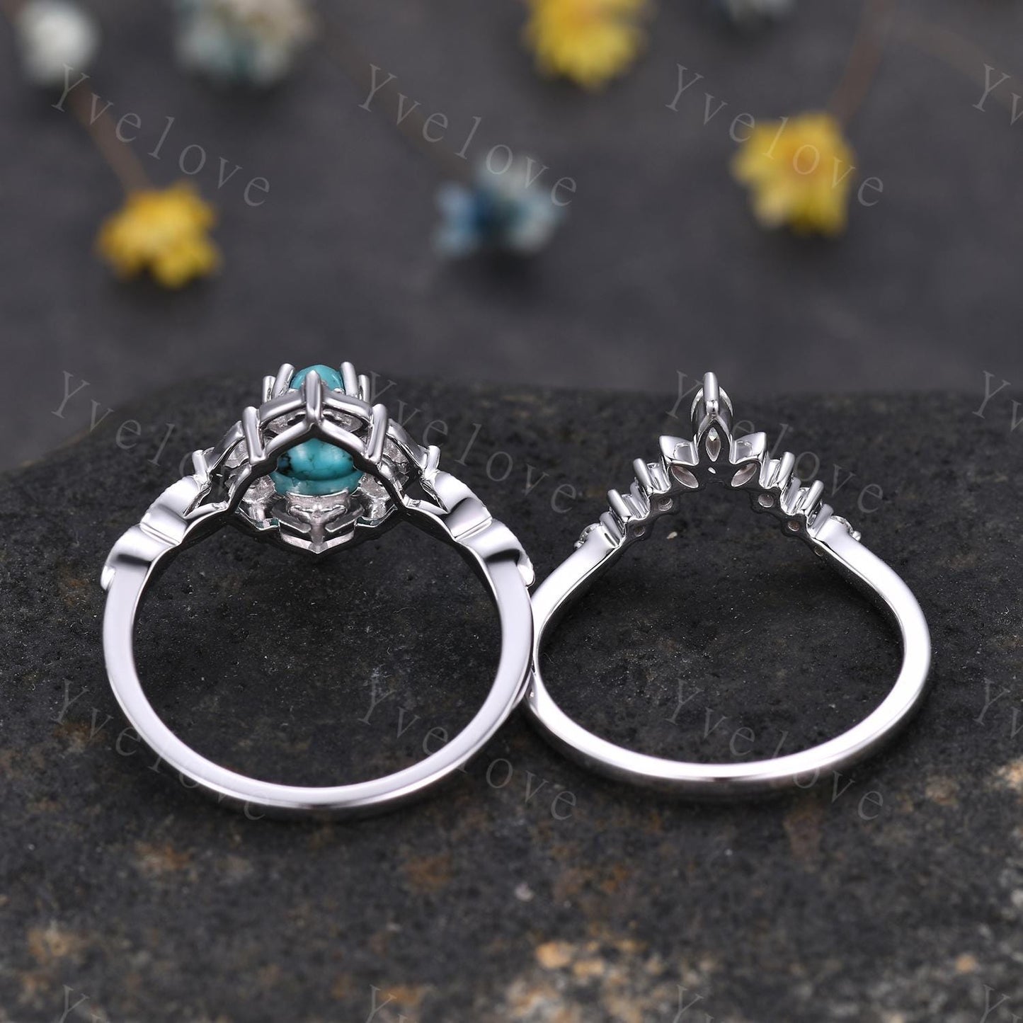 Vintage Turquoise Engagement Ring Set,6x8mm Pear Turquoise Bridal Set,V Curved Moissanite Stacking Band,Silver Ring,Women Rings Gift For Her