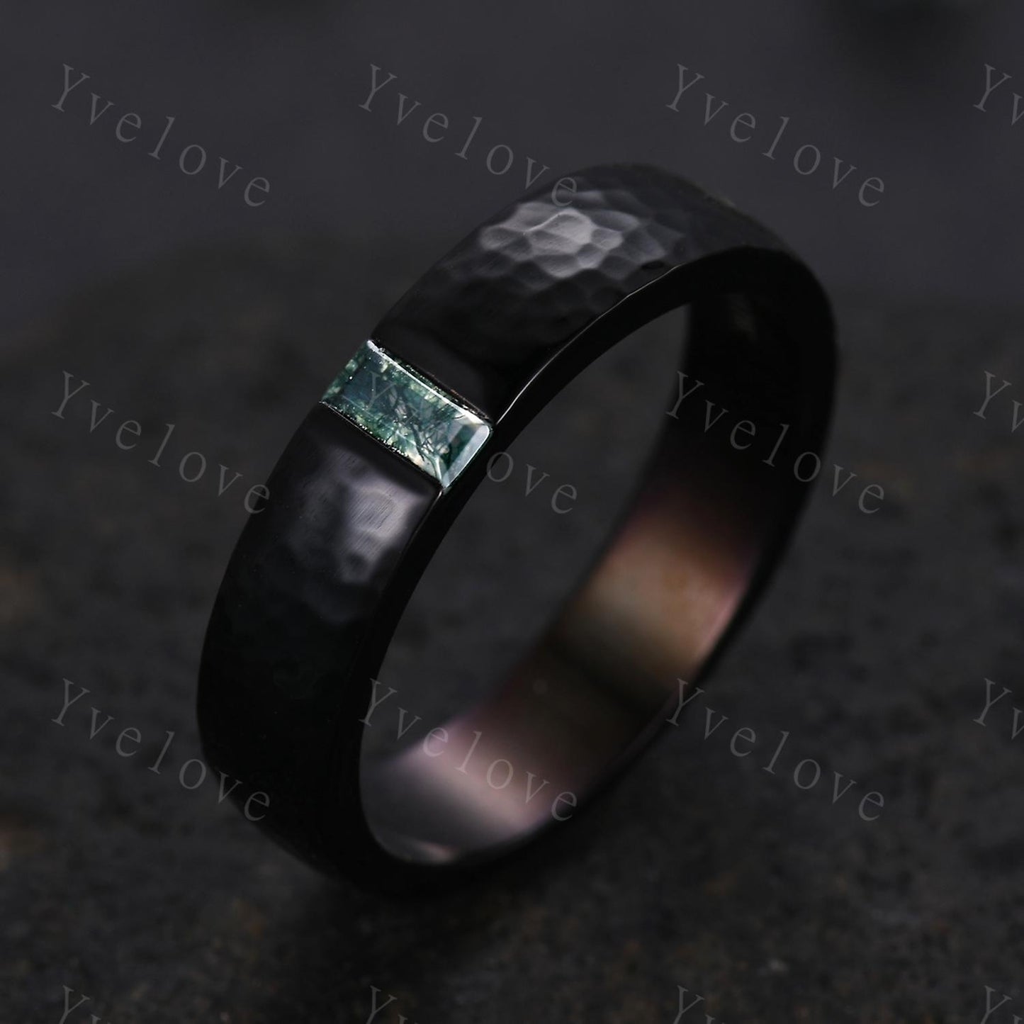Mens Moss agate Wedding Band Baguette Cut Green Agate Band 5mm Black Gold Ring Mens Hammered Stacking Matching Band Retro Vintage Ring Gift