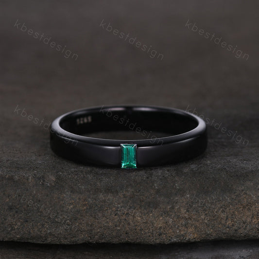 Mens green emerald wedding band Baguette cut wedding band black gold ring minimalist stacking band for Men for Women retro vintage ring