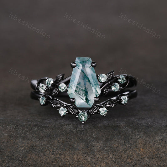 Vintage coffin moss agate engagement ring set black gold twig leaf ring natural green agate ring unique bridal wedding ring set promise ring