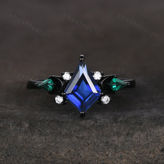 Vintage blue sapphire engagement ring Black gold ring Art deco moon design emerald wedding ring unique cluster bridal promise ring