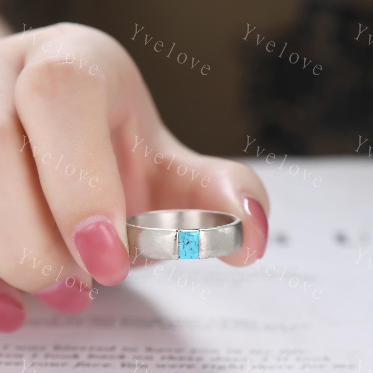Couples ring set Baguette blue turquoise wedding ring for men and women His and Hers ring satin finish promise retro ring gift Customized