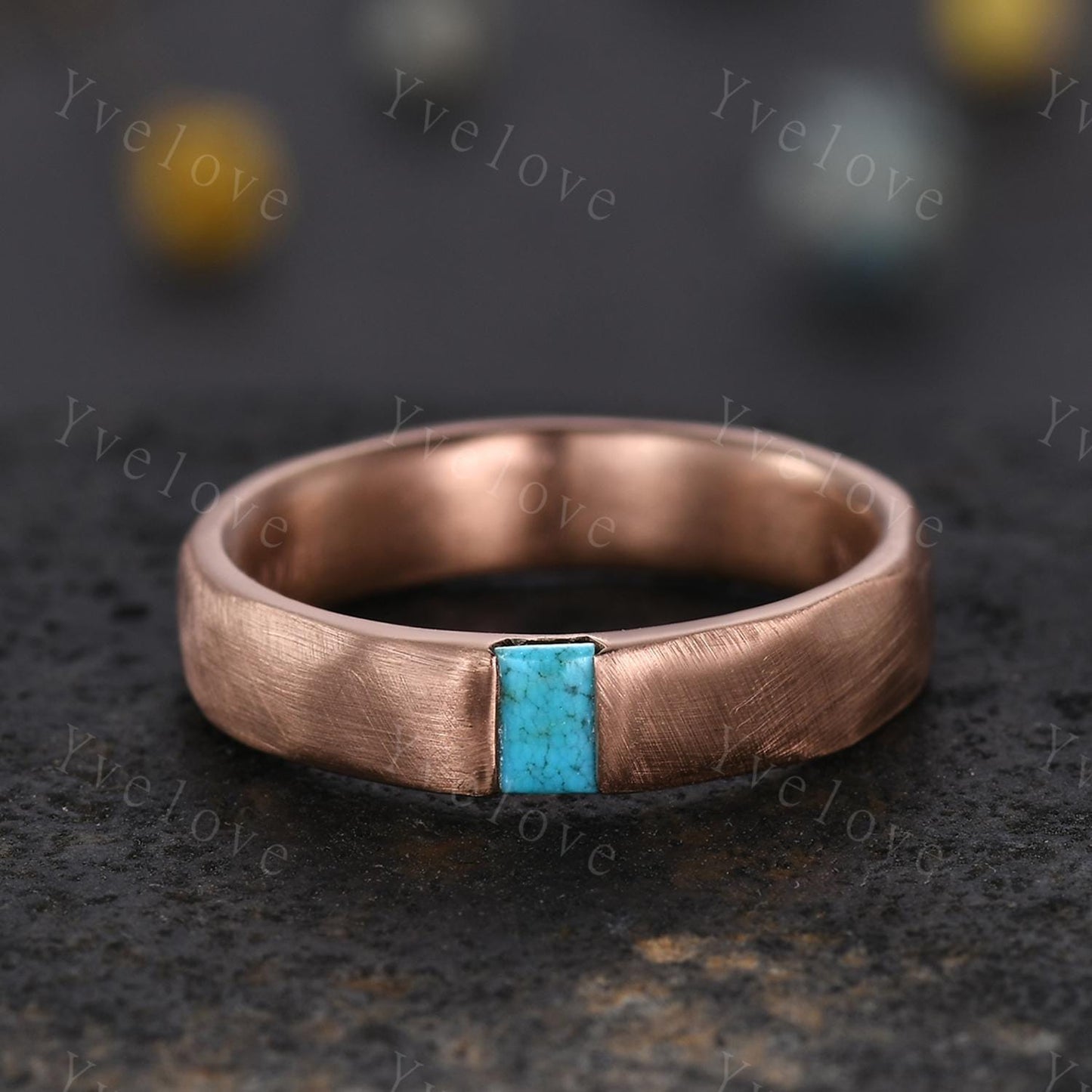 Couples ring set Baguette blue turquoise wedding ring for men and women His and Hers ring satin finish promise retro ring gift Customized