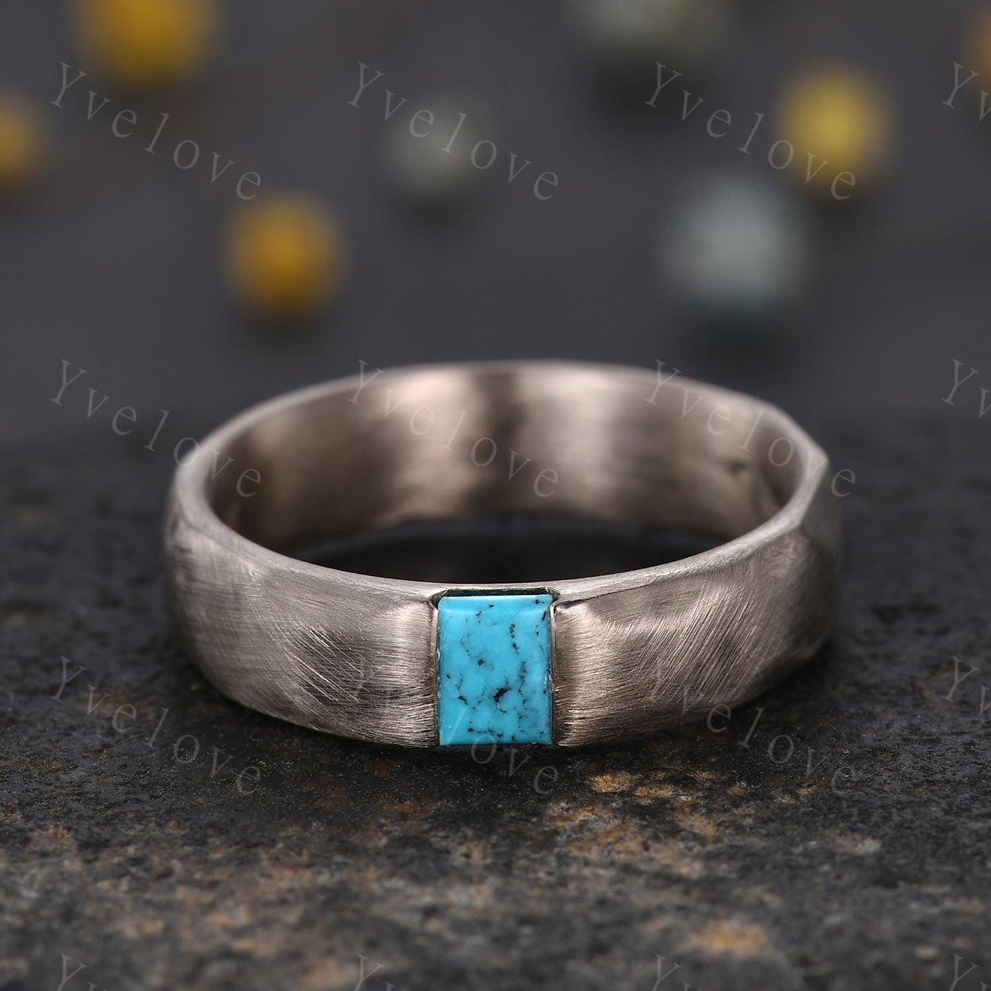 Couples ring set Baguette blue turquoise wedding ring for men and women His and Hers ring satin finish promise retro ring gift Customized