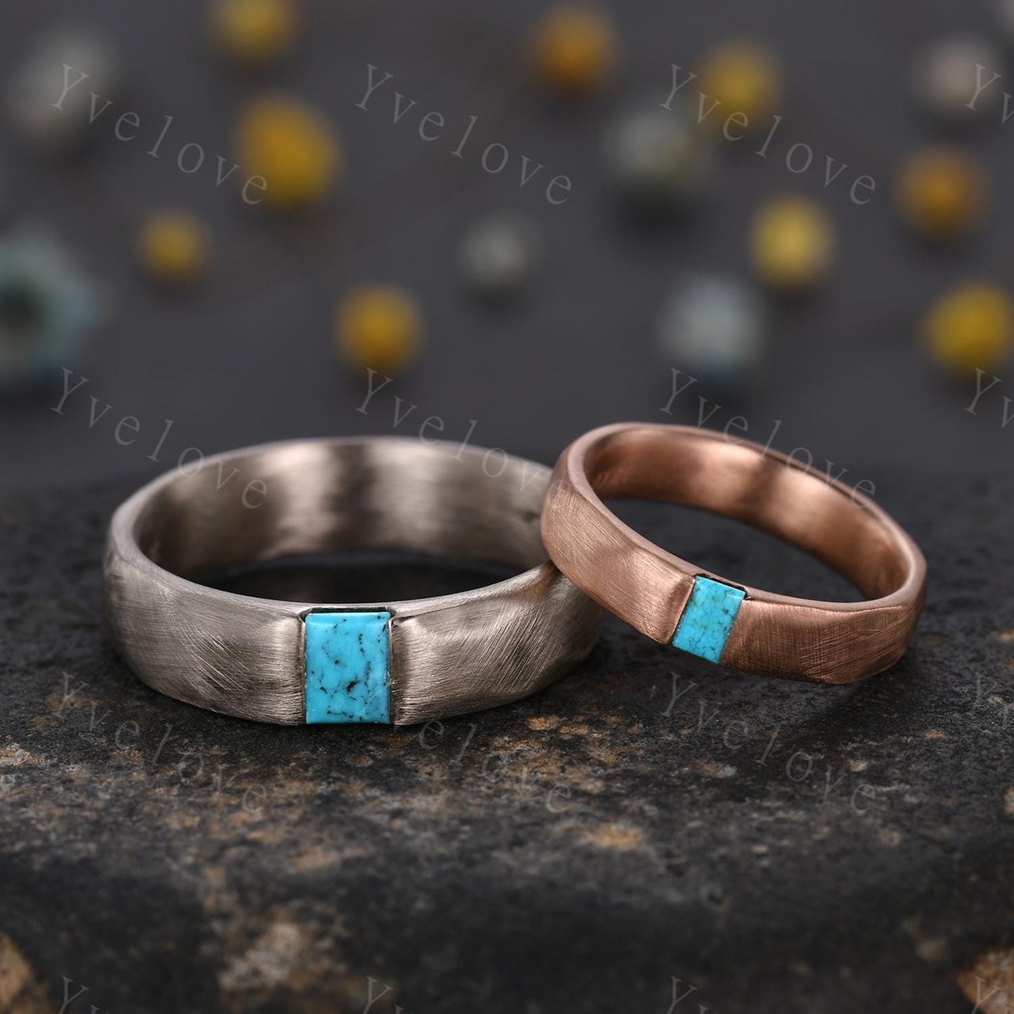 Couples ring set Baguette blue turquoise wedding ring for men and women His and Hers ring satin finish promise retro ring gift Customized
