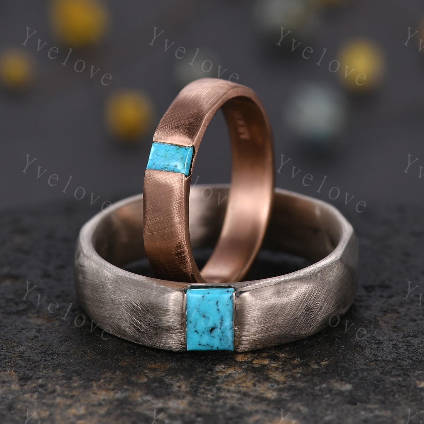 Couples ring set Baguette blue turquoise wedding ring for men and women His and Hers ring satin finish promise retro ring gift Customized