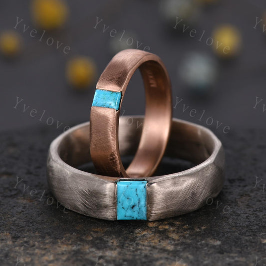 Couples ring set Baguette blue turquoise wedding ring for men and women His and Hers ring satin finish promise retro ring gift Customized