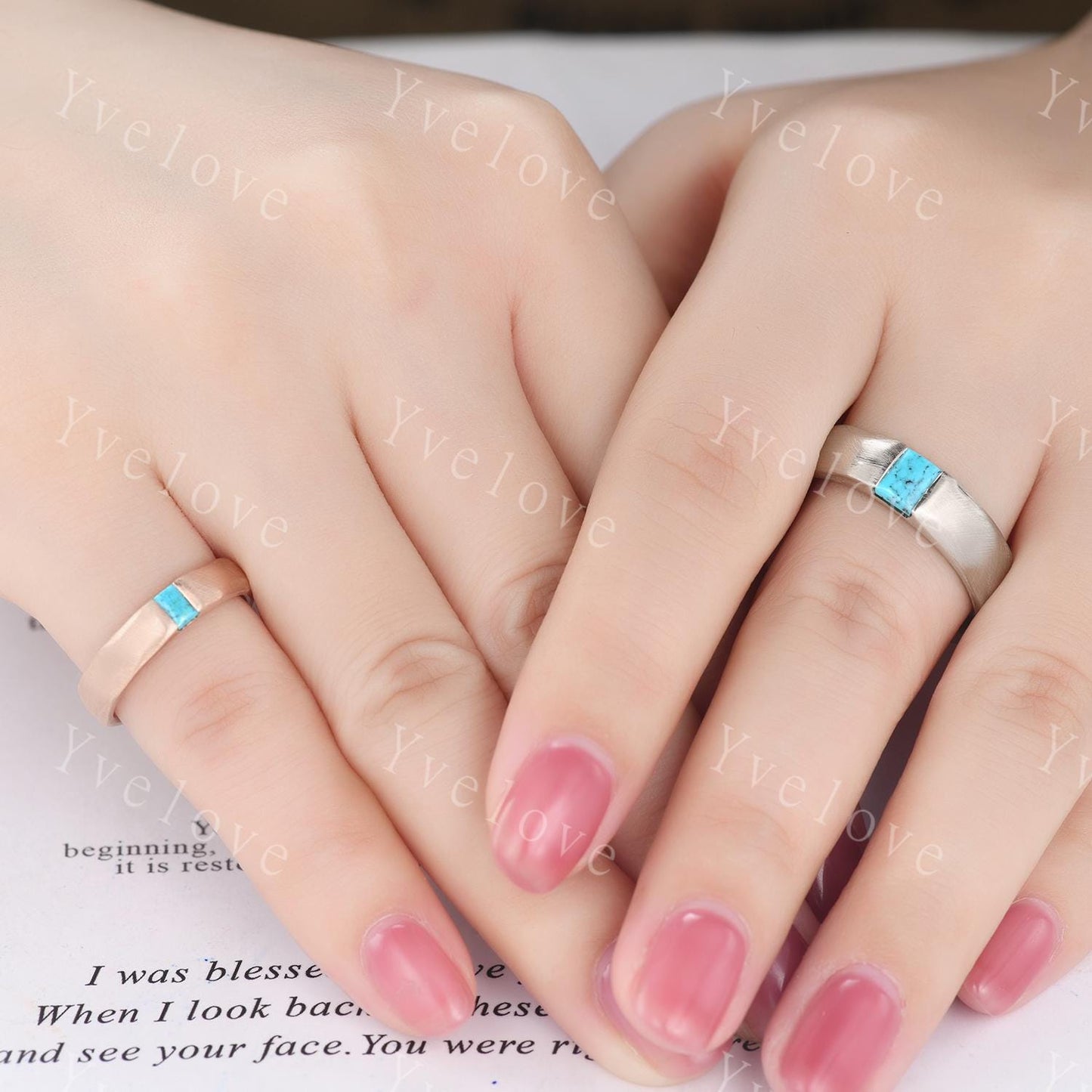 Couples ring set Baguette blue turquoise wedding ring for men and women His and Hers ring satin finish promise retro ring gift Customized