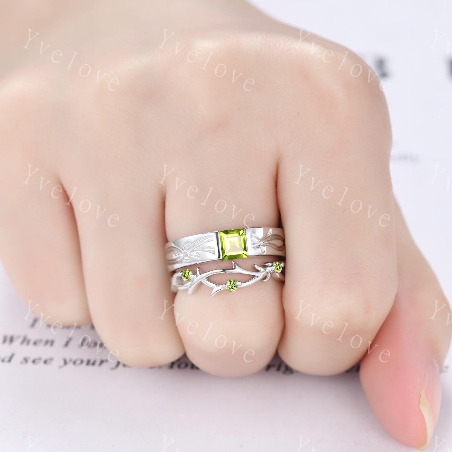 Couples ring set peridot ring twig branch ring for men and women His and Hers wedding band Promise Stacking Matching Band Retro Vintage Gift