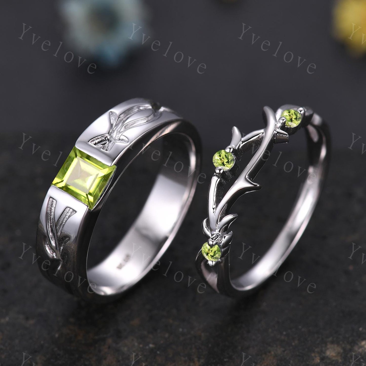 Couples ring set peridot ring twig branch ring for men and women His and Hers wedding band Promise Stacking Matching Band Retro Vintage Gift