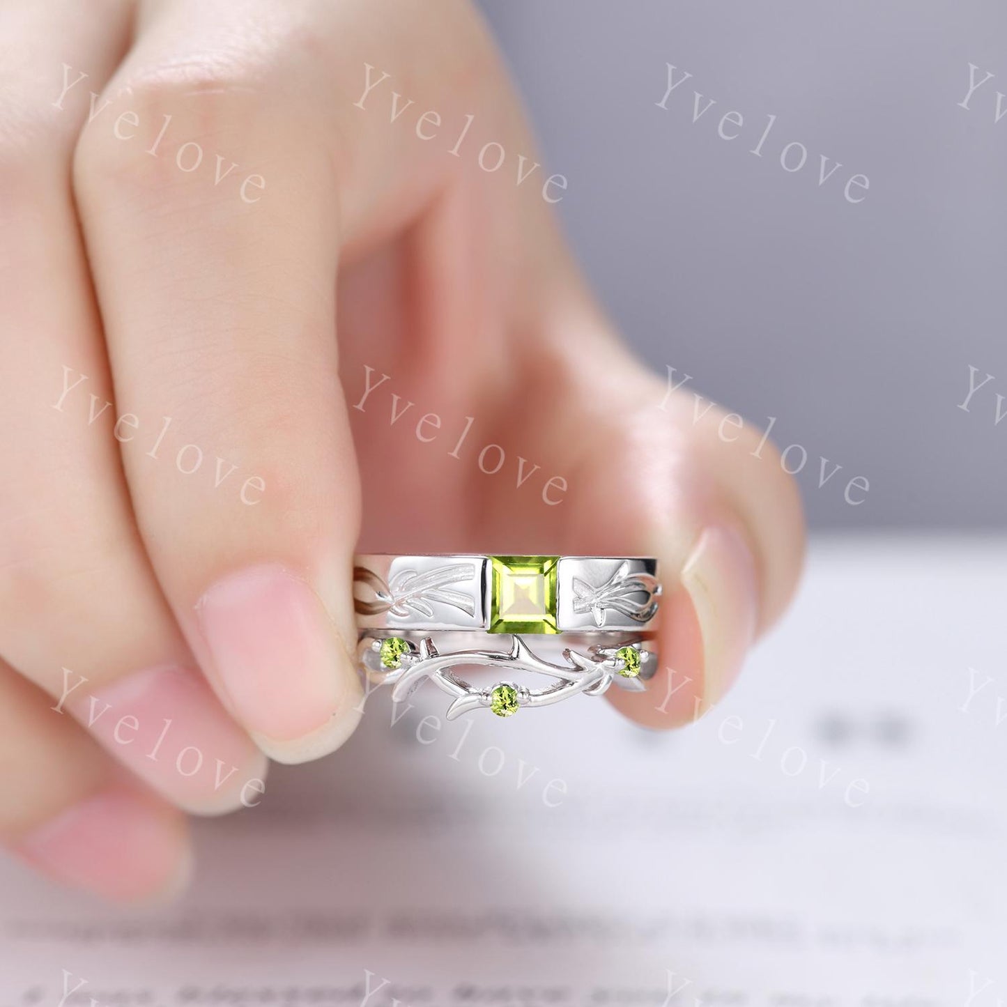 Couples ring set peridot ring twig branch ring for men and women His and Hers wedding band Promise Stacking Matching Band Retro Vintage Gift