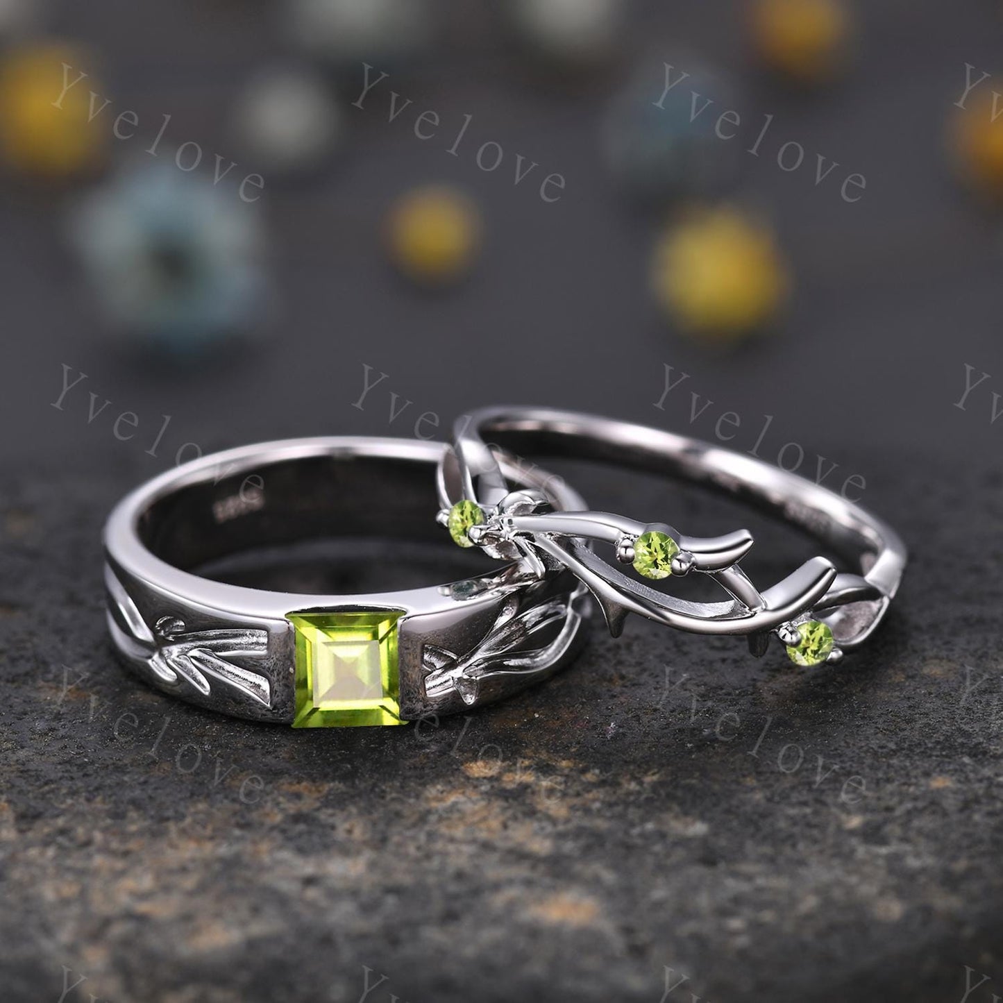Couples ring set peridot ring twig branch ring for men and women His and Hers wedding band Promise Stacking Matching Band Retro Vintage Gift
