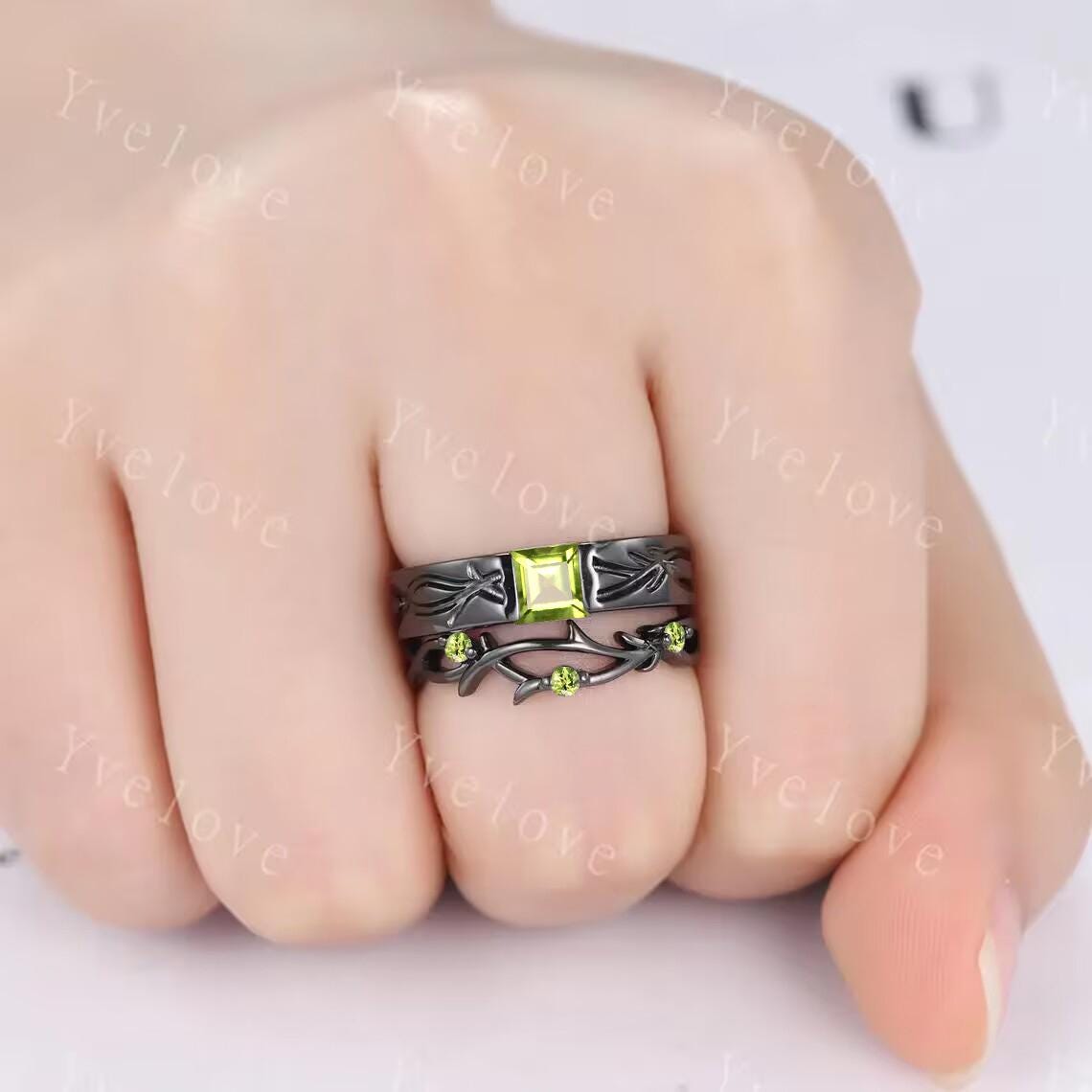 Couples ring set peridot ring twig branch ring for men and women His and Hers wedding band Promise Stacking Matching Band Retro Vintage Gift
