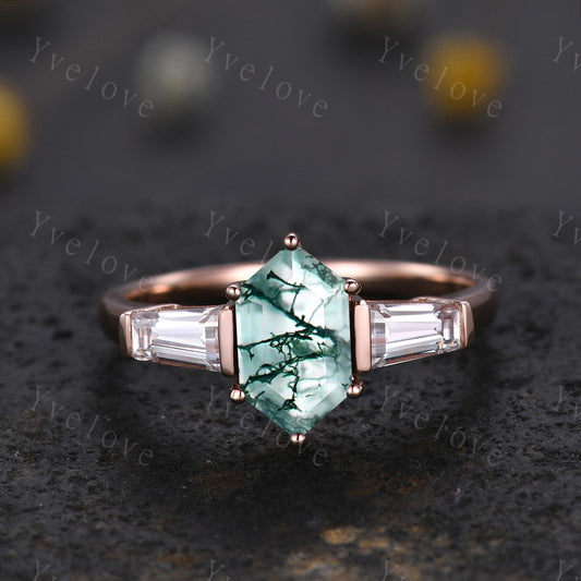 Art Deco Hexagon Cut Moss Agate Engagement Ring,Vintage Baguette Moissanite Ring,Unique Three Stone Ring,Natural Inspired Ring Promise Gift
