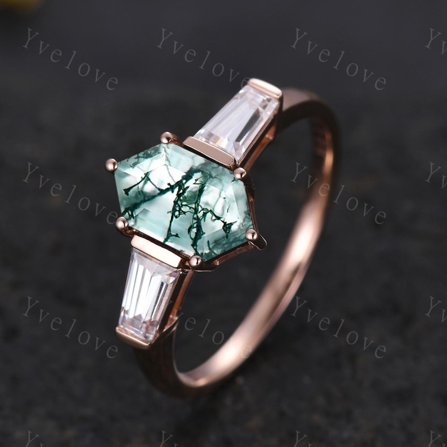 Art Deco Hexagon Cut Moss Agate Engagement Ring,Vintage Baguette Moissanite Ring,Unique Three Stone Ring,Natural Inspired Ring Promise Gift