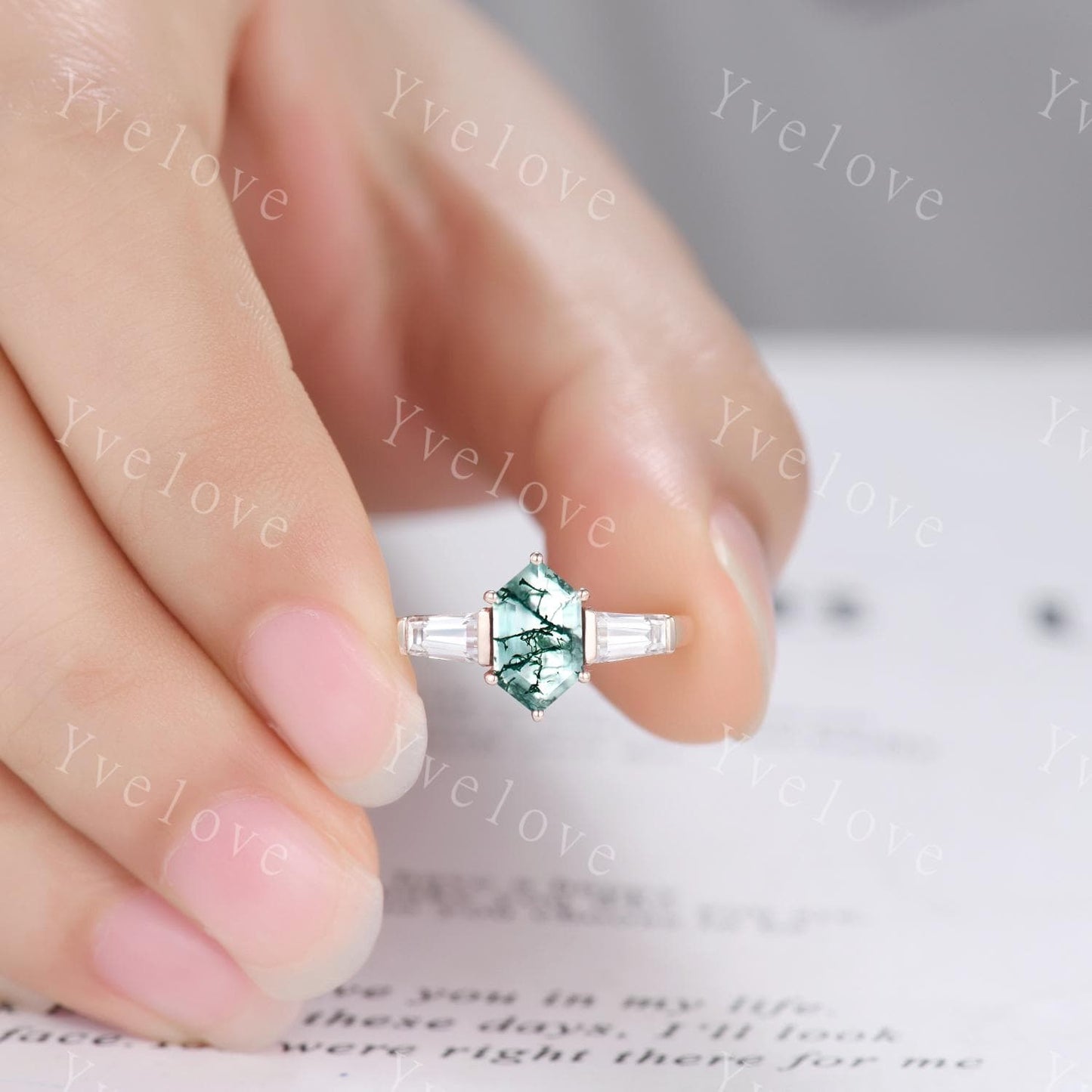 Art Deco Hexagon Cut Moss Agate Engagement Ring,Vintage Baguette Moissanite Ring,Unique Three Stone Ring,Natural Inspired Ring Promise Gift