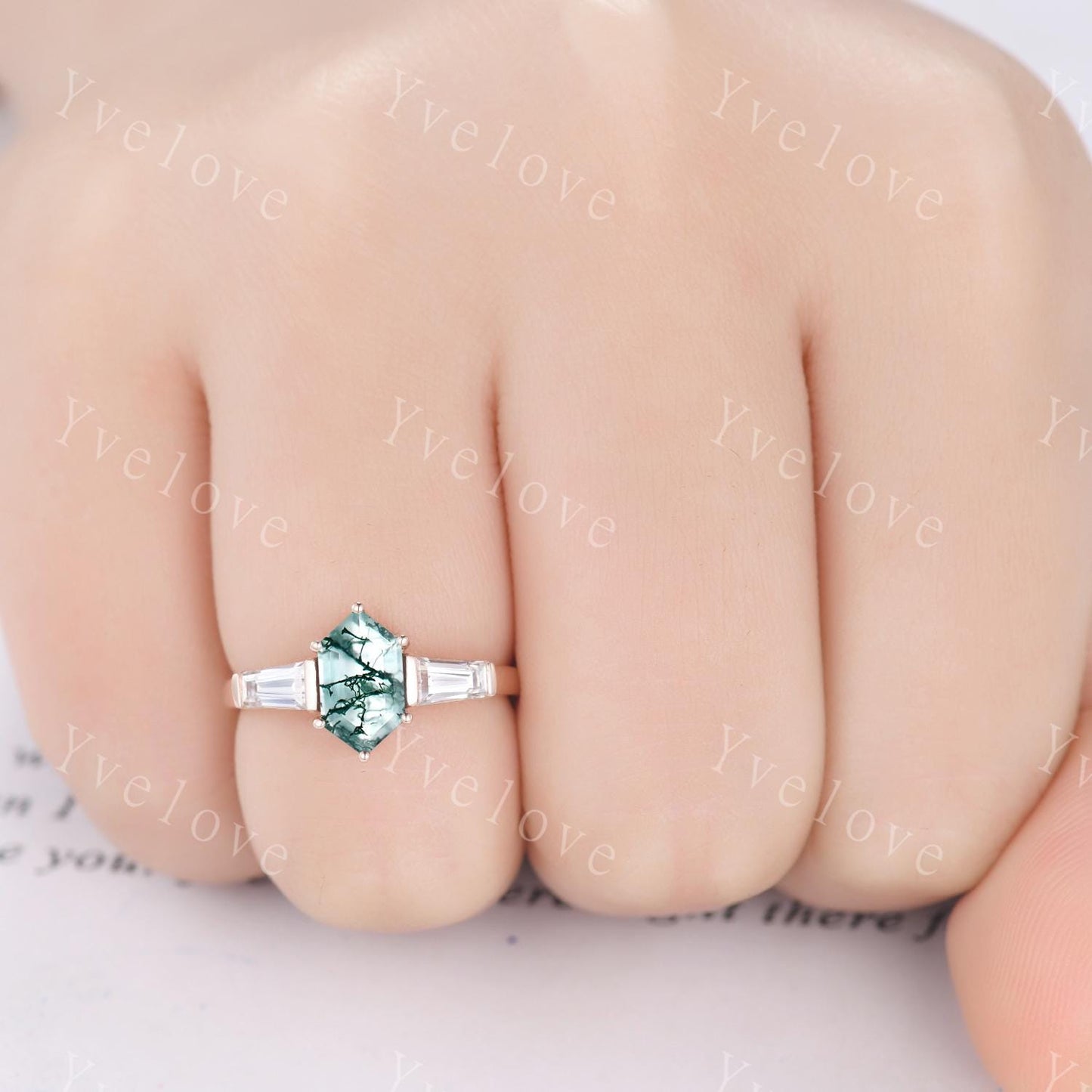 Art Deco Hexagon Cut Moss Agate Engagement Ring,Vintage Baguette Moissanite Ring,Unique Three Stone Ring,Natural Inspired Ring Promise Gift