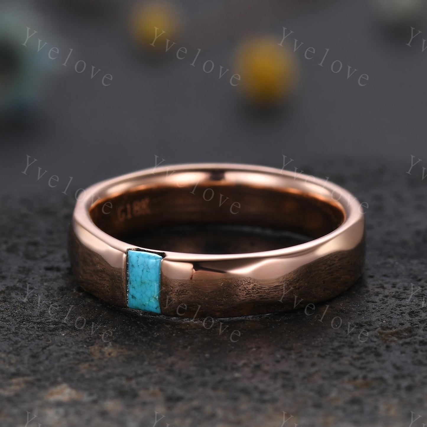 Unisex ring Baguette Turquoise Wedding Band Blue Turquoise Rose Gold Ring Unique Hammered Stackable Matching Band Retro Ring Gift For Wife