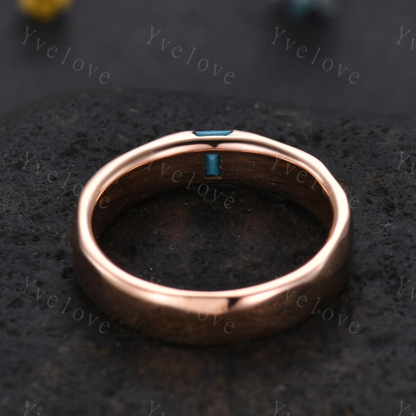 Unisex ring Baguette Turquoise Wedding Band Blue Turquoise Rose Gold Ring Unique Hammered Stackable Matching Band Retro Ring Gift For Wife