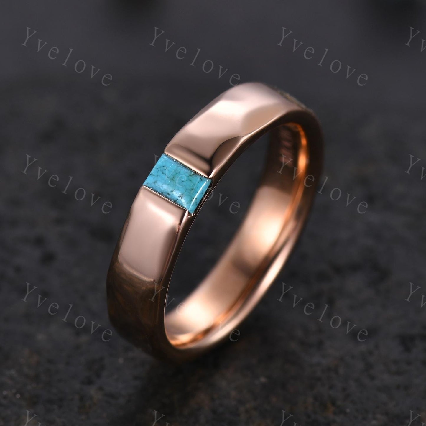 Unisex ring Baguette Turquoise Wedding Band Blue Turquoise Rose Gold Ring Unique Hammered Stackable Matching Band Retro Ring Gift For Wife