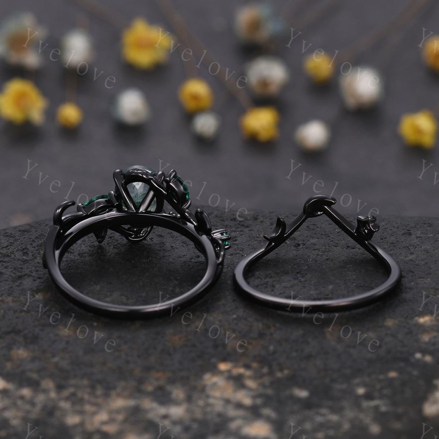 Gothic Oval Shape Moss Agate Engagement Ring Set,Black Gold Leaf Green Emerald Promise Ring Unique Black Rhodium Moon Ring Bridal Set Gift