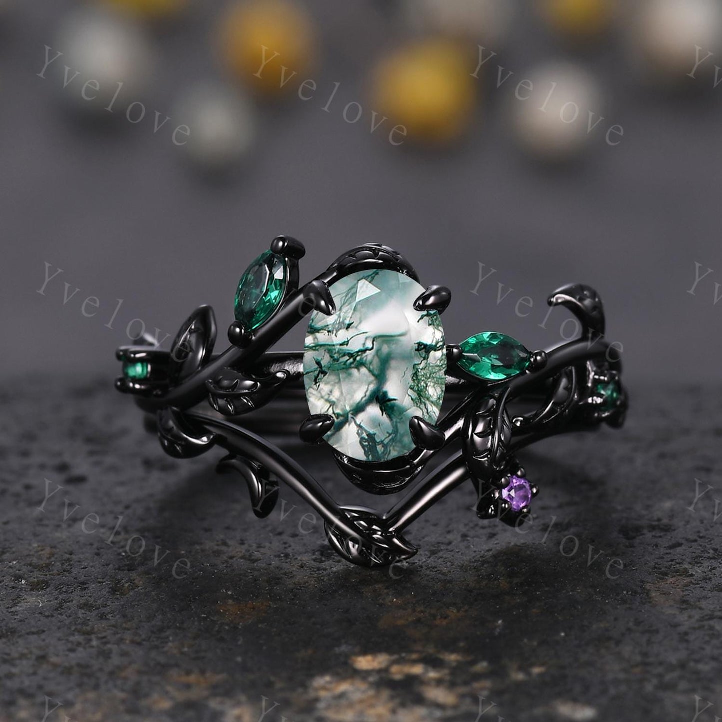 Gothic Oval Shape Moss Agate Engagement Ring Set,Black Gold Leaf Green Emerald Promise Ring Unique Black Rhodium Moon Ring Bridal Set Gift