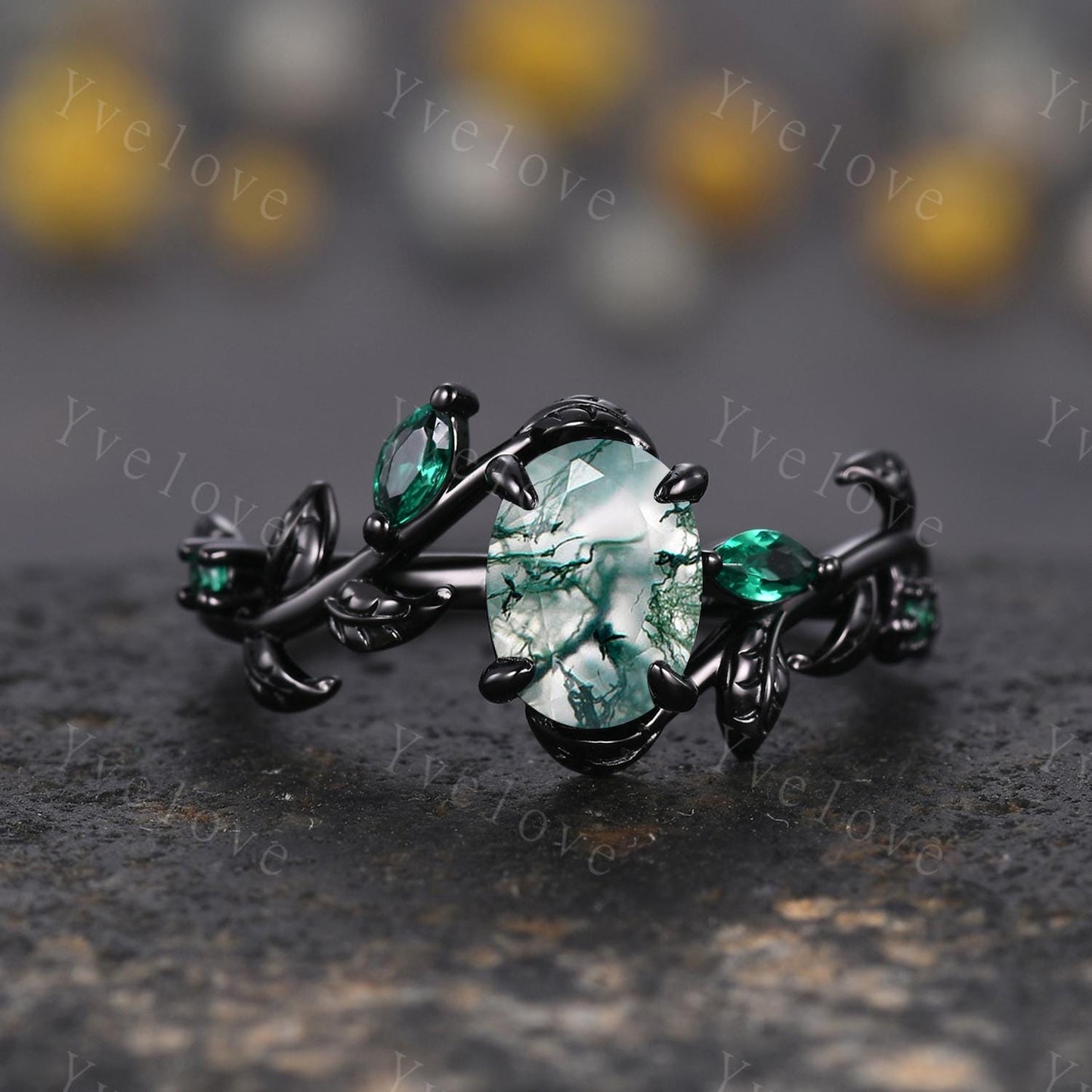 Gothic Oval Shape Moss Agate Engagement Ring Set,Black Gold Leaf Green Emerald Promise Ring Unique Black Rhodium Moon Ring Bridal Set Gift