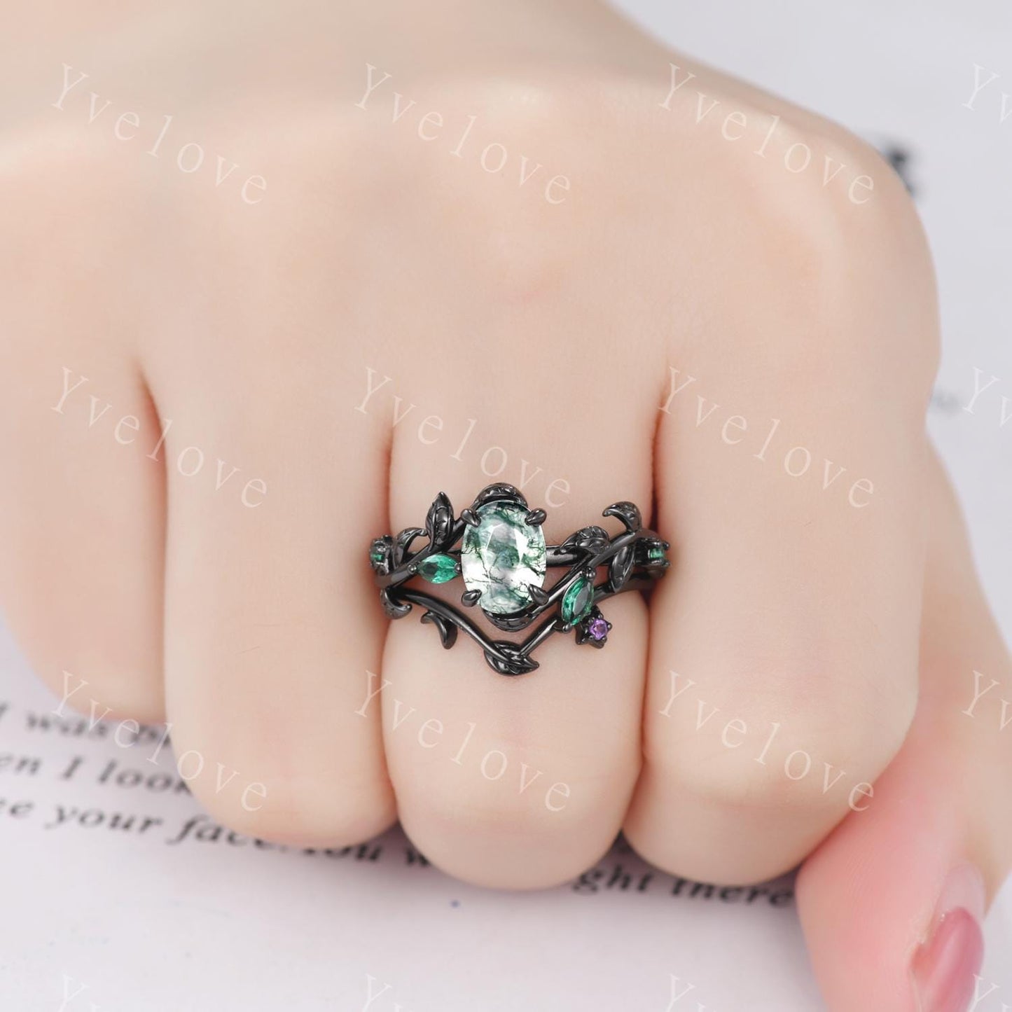 Gothic Oval Shape Moss Agate Engagement Ring Set,Black Gold Leaf Green Emerald Promise Ring Unique Black Rhodium Moon Ring Bridal Set Gift