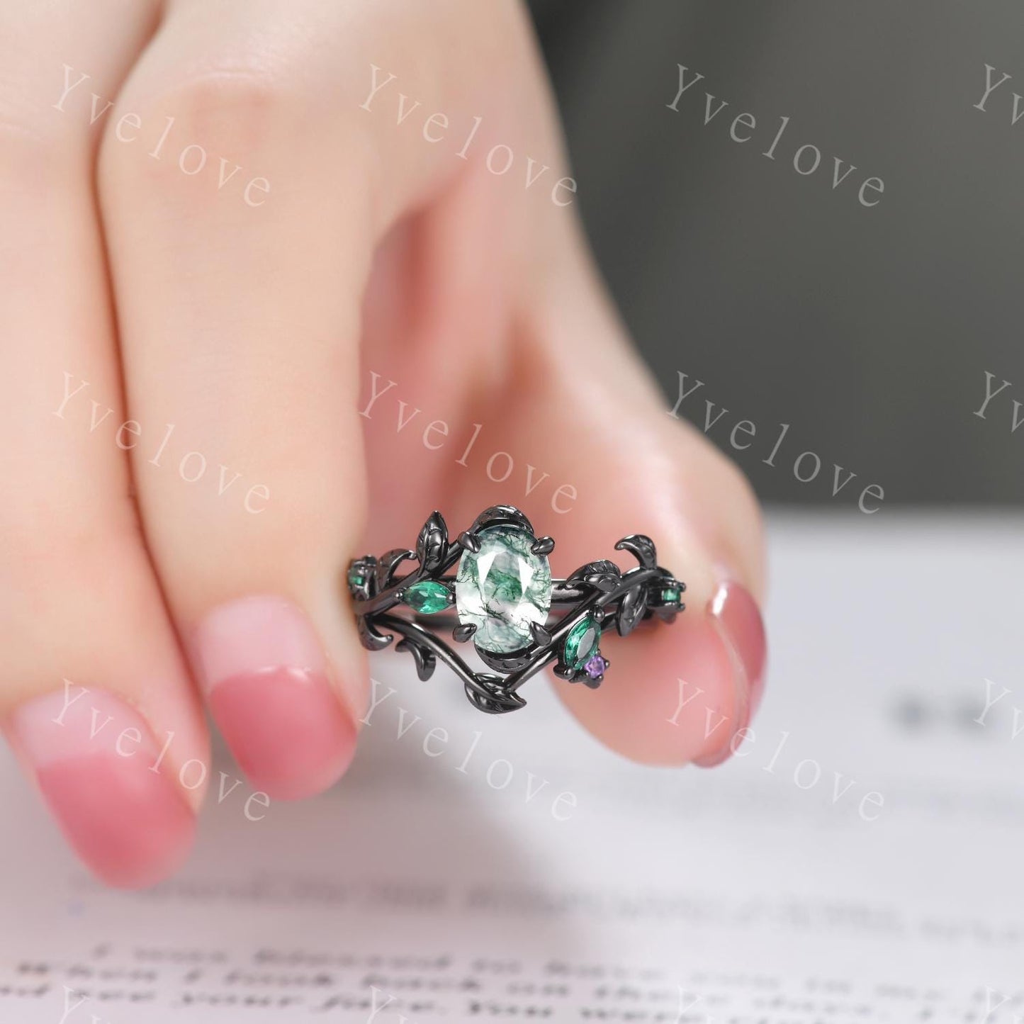 Gothic Oval Shape Moss Agate Engagement Ring Set,Black Gold Leaf Green Emerald Promise Ring Unique Black Rhodium Moon Ring Bridal Set Gift