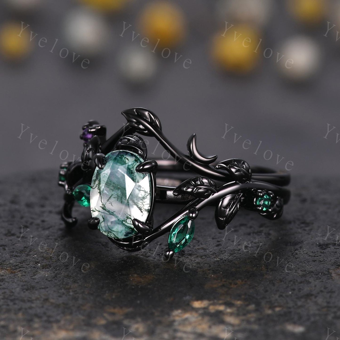 Gothic Oval Shape Moss Agate Engagement Ring Set,Black Gold Leaf Green Emerald Promise Ring Unique Black Rhodium Moon Ring Bridal Set Gift