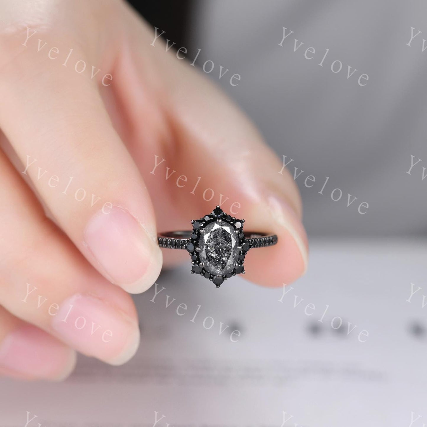 Gothic Oval Shape Salt and Pepper Diamond Engagement Ring,14k Black Gold Diamond Promise Ring Unique Rhodium Black Witchy Ring Bridal Gift