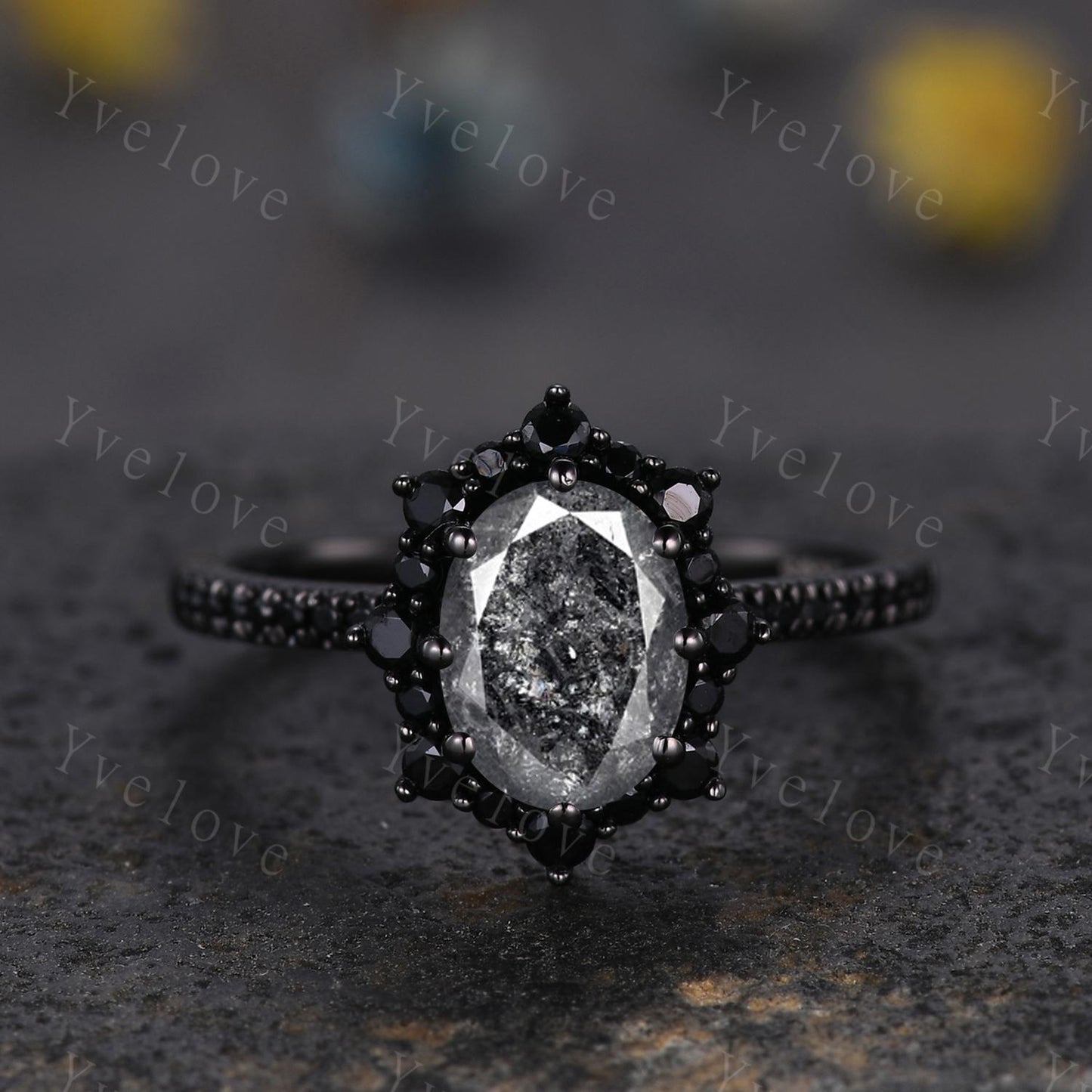 Gothic Oval Shape Salt and Pepper Diamond Engagement Ring Set,Black Gold Diamond Promise Ring Unique Rhodium Black Witchy Ring Bridal Gift