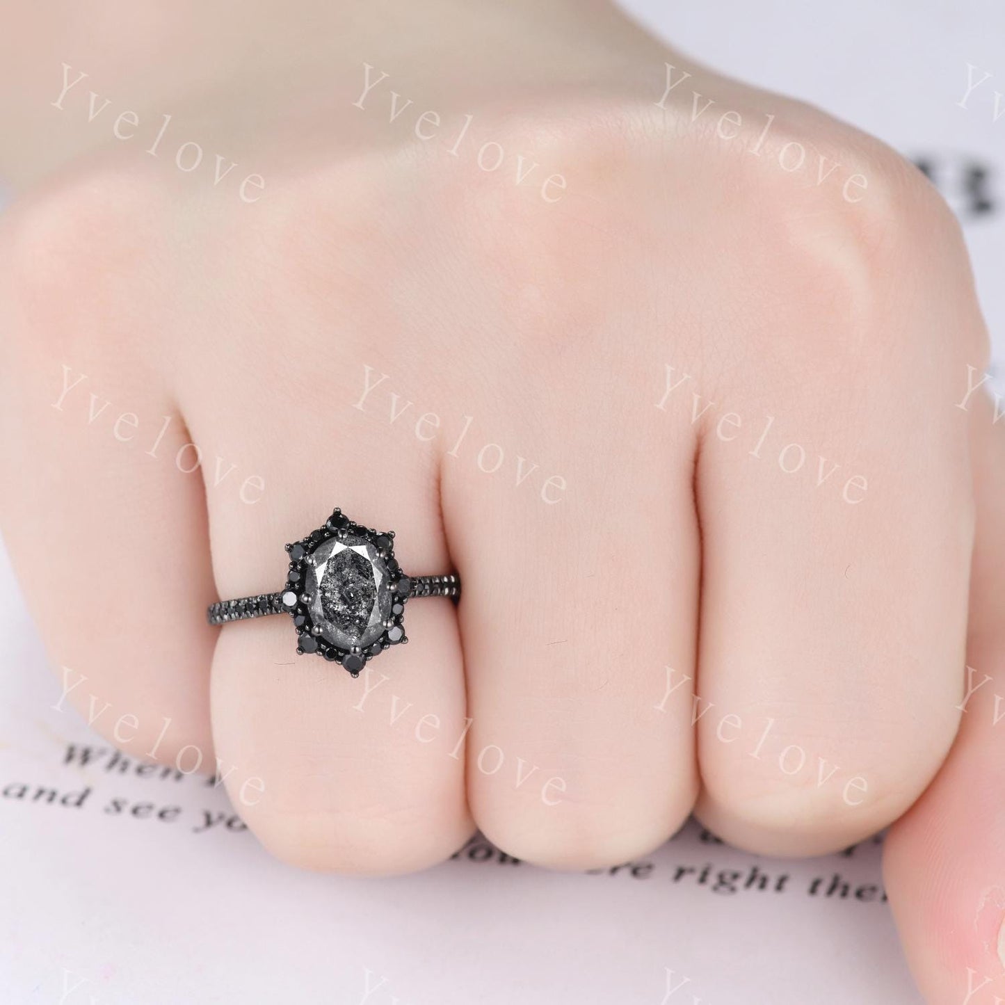 Gothic Oval Shape Salt and Pepper Diamond Engagement Ring Set,Black Gold Diamond Promise Ring Unique Rhodium Black Witchy Ring Bridal Gift