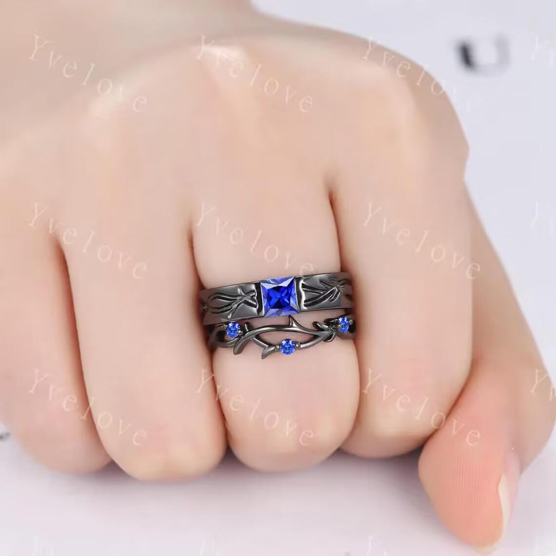 Couples ring blue sapphire ring twig branch vines ring men and women wedding band Silver Promise ring Stacking Matching Band Unique Gift