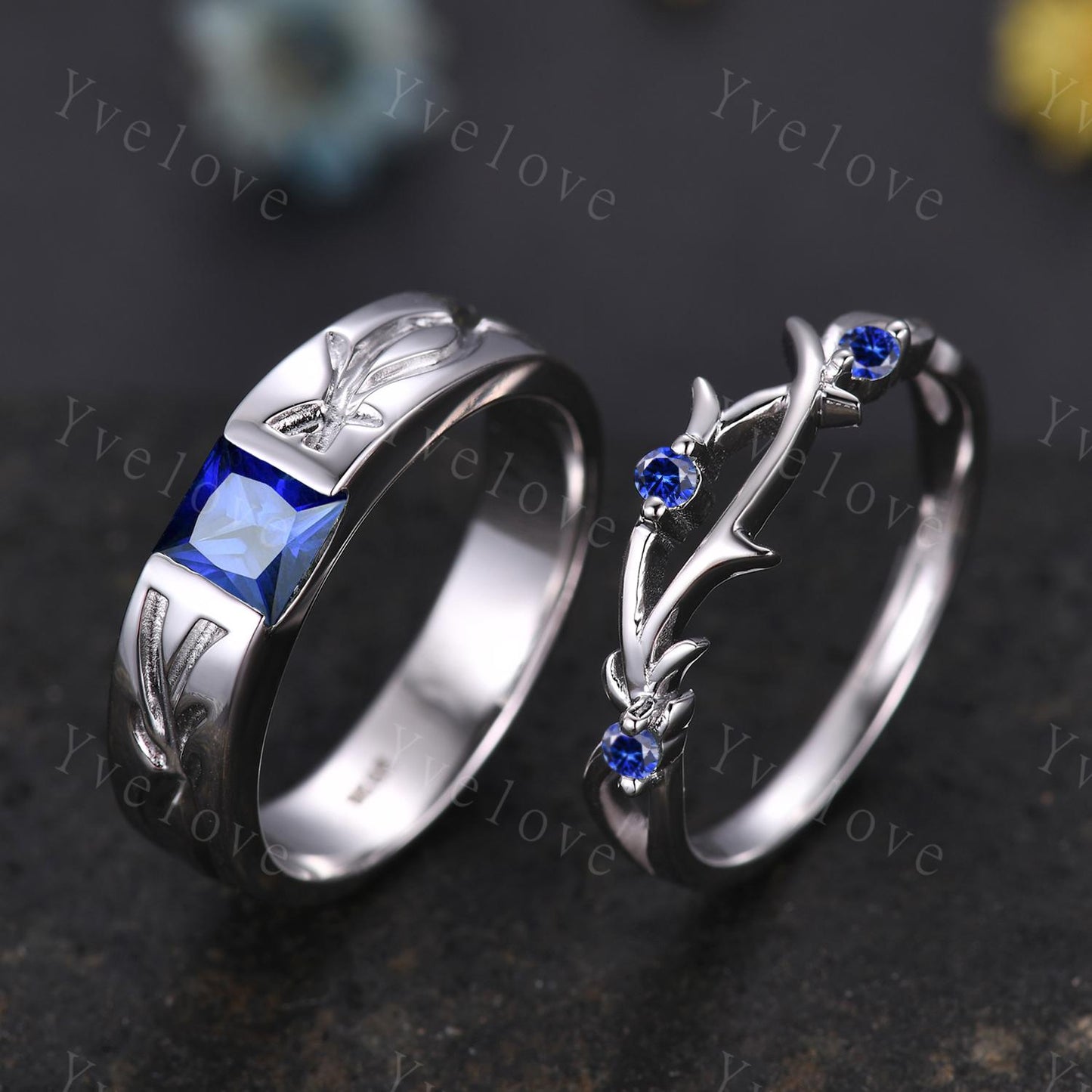 Couples ring blue sapphire ring twig branch vines ring men and women wedding band Silver Promise ring Stacking Matching Band Unique Gift