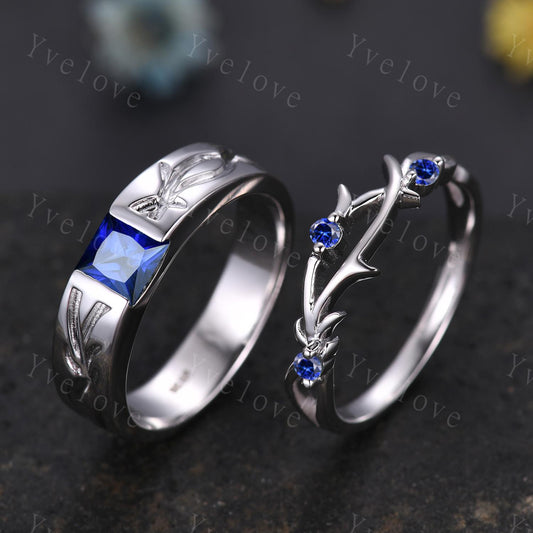 Couples ring blue sapphire ring twig branch vines ring men and women wedding band Silver Promise ring Stacking Matching Band Unique Gift