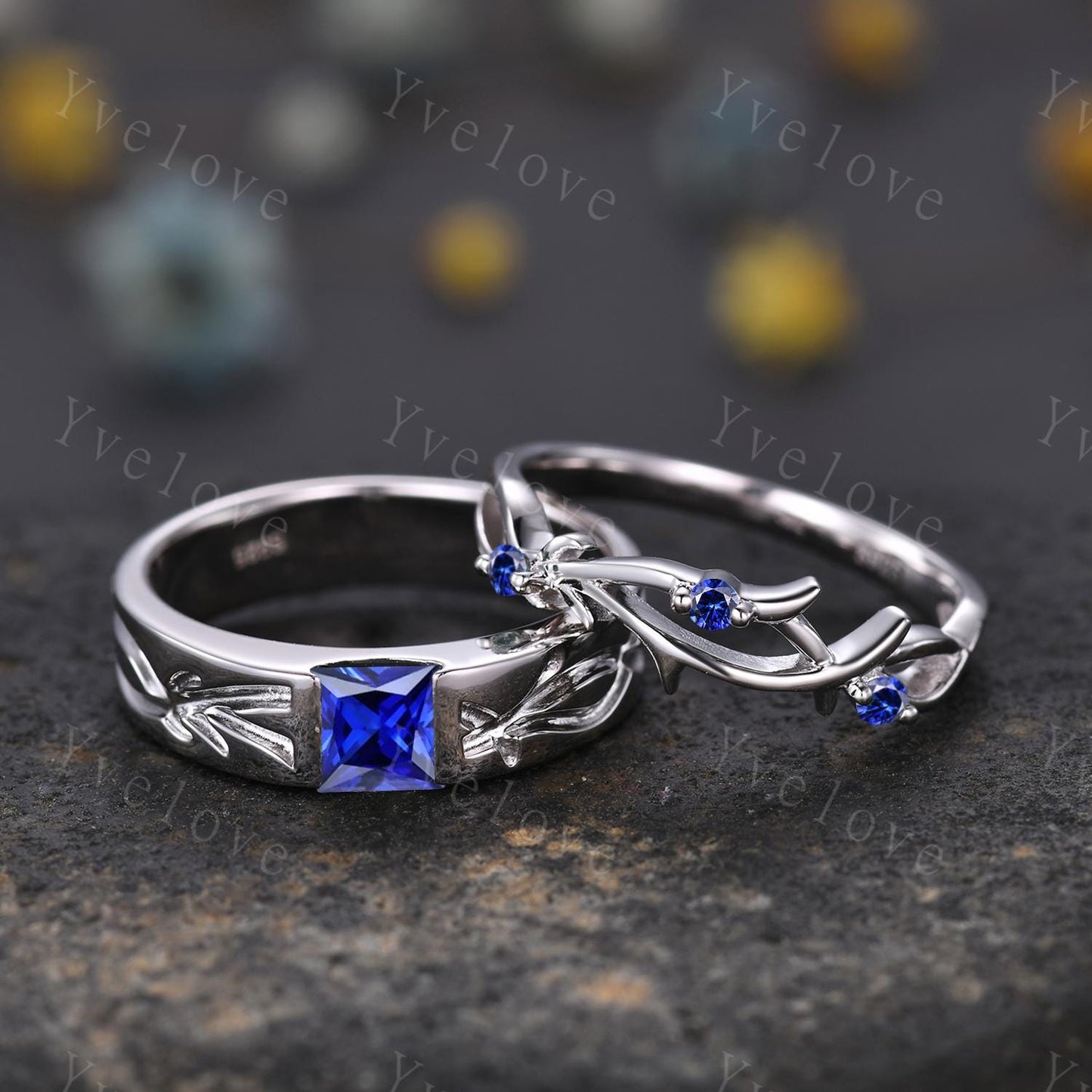 Couples ring blue sapphire ring twig branch vines ring men and women wedding band Silver Promise ring Stacking Matching Band Unique Gift